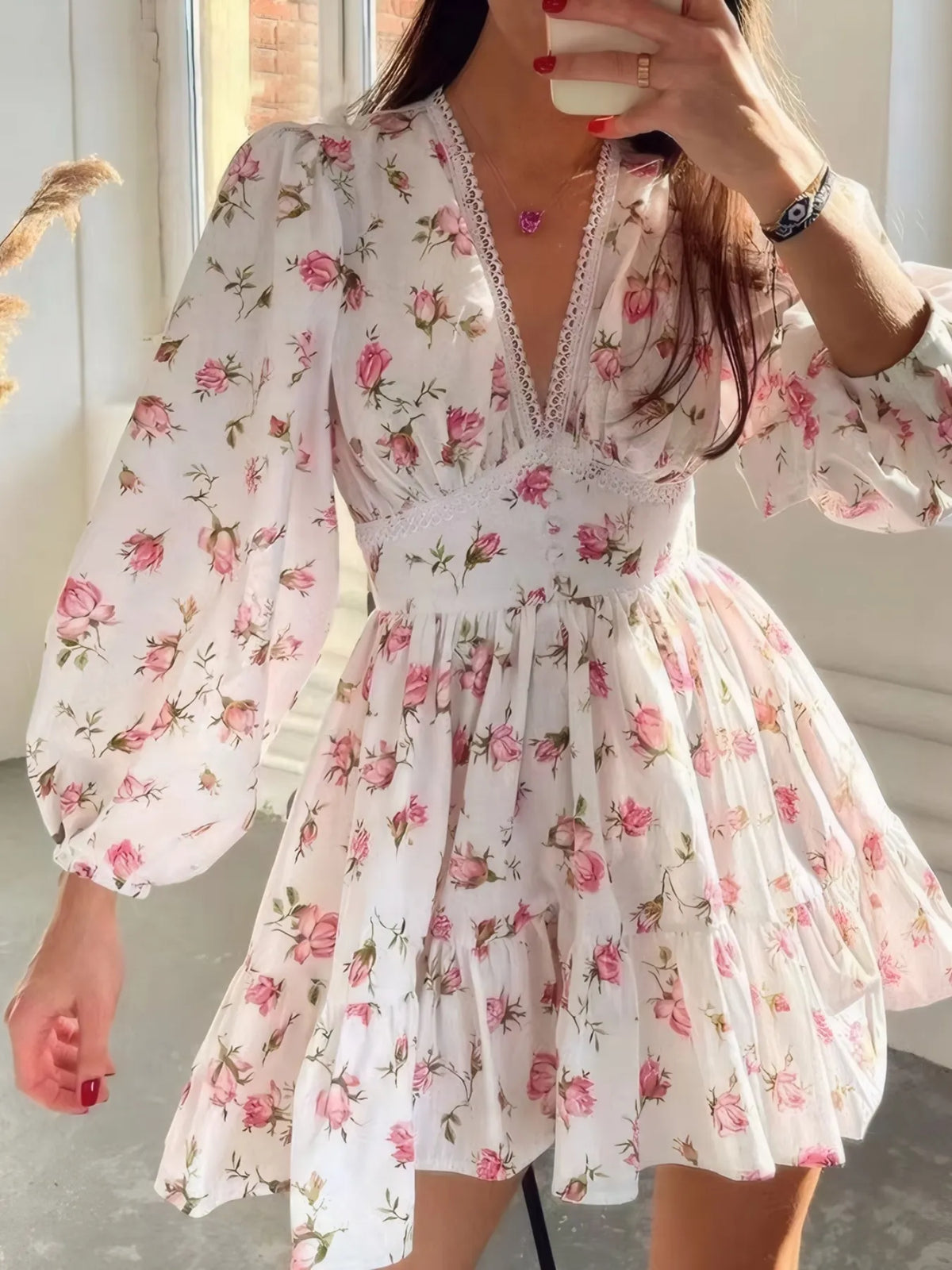 Full Size Floral Print Lace Detail V-neck Mini Dress Plus (5)