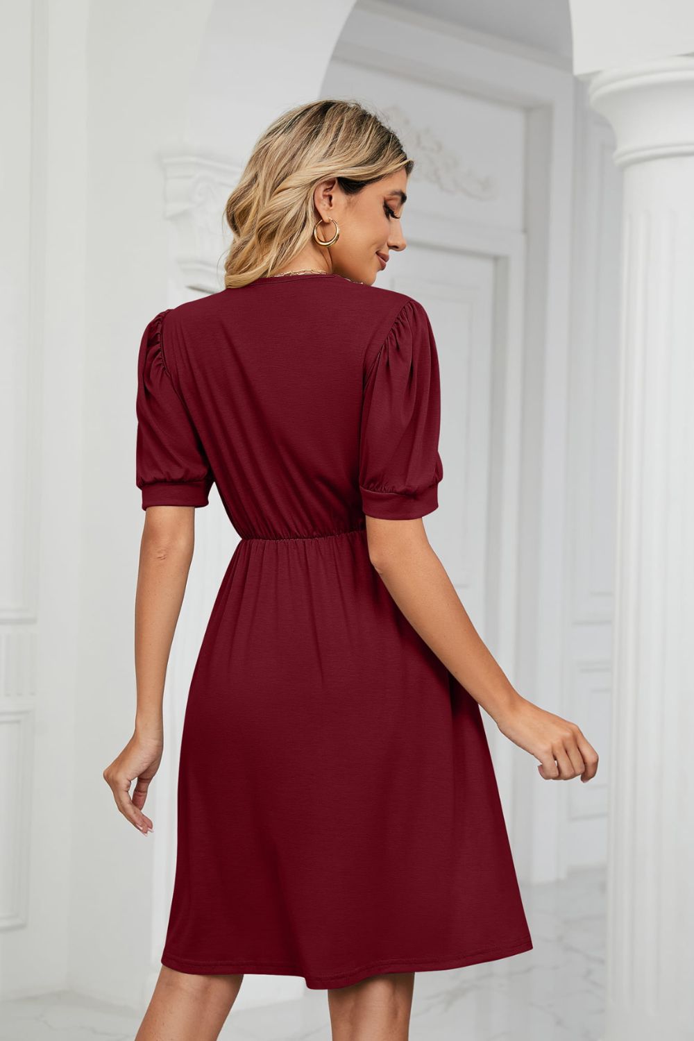 Contrast V-neck Puff Sleeve Pocket Dress (18)
