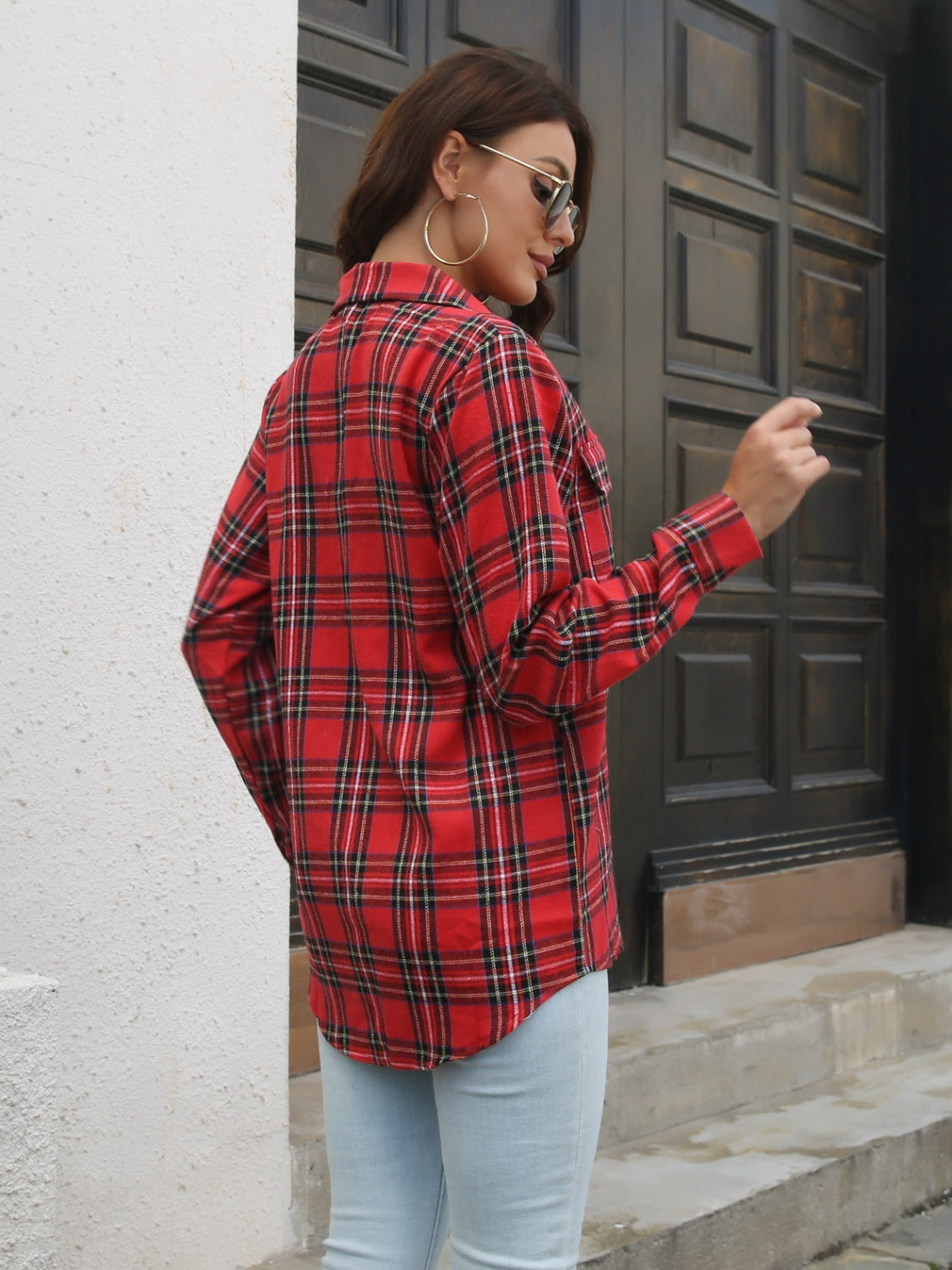 Plaid Collared Neck Buttoned Shirt Pockets (8)