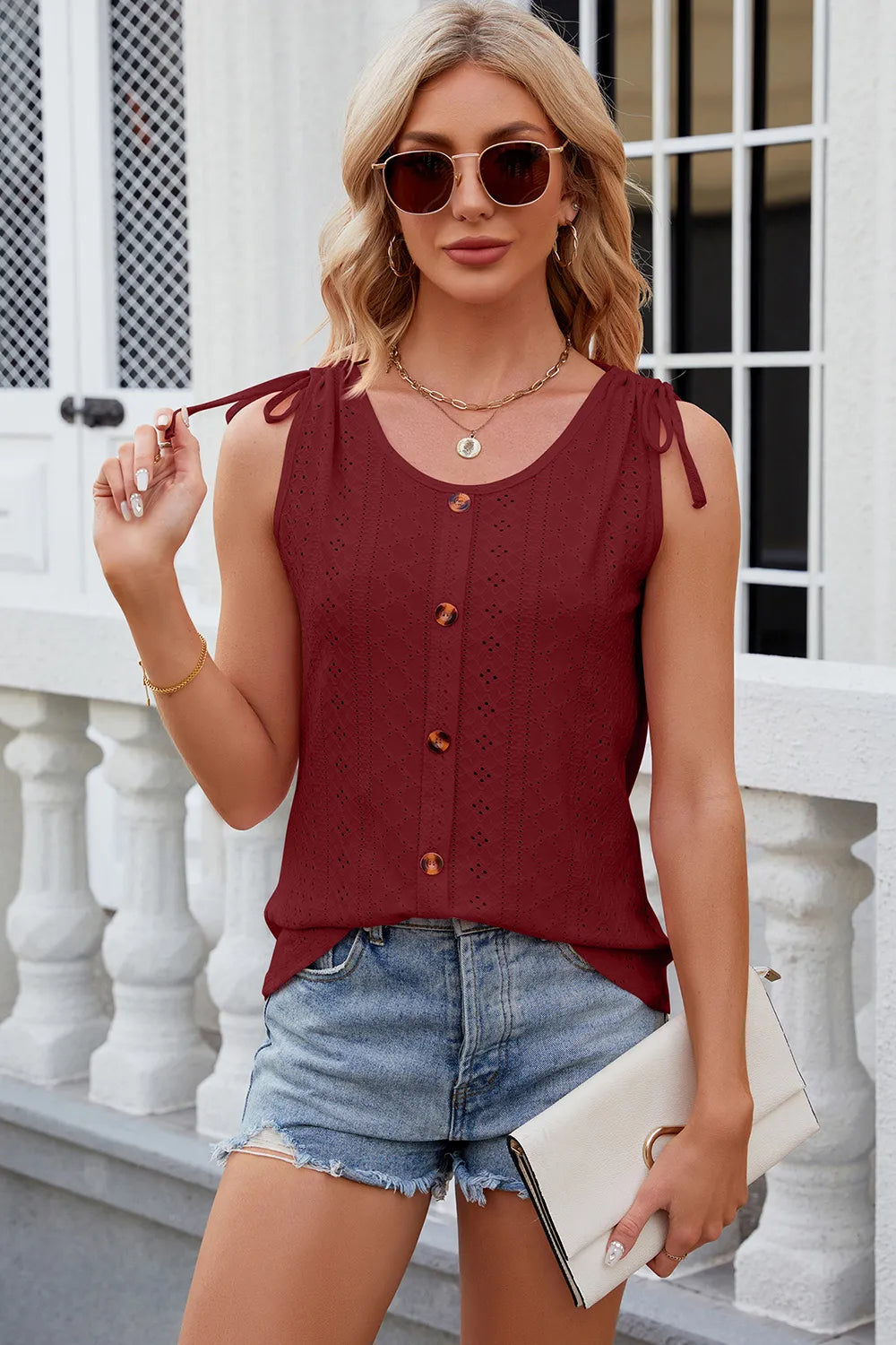 Eyelet Round Neck Wide Strap Tank (23)