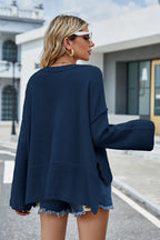 Round Neck Dropped Shoulder Slit Sweater (2)