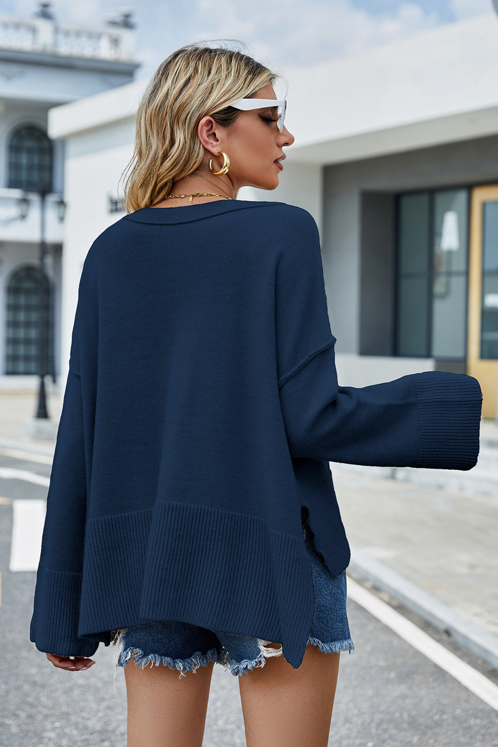 Round Neck Dropped Shoulder Slit Sweater (2)