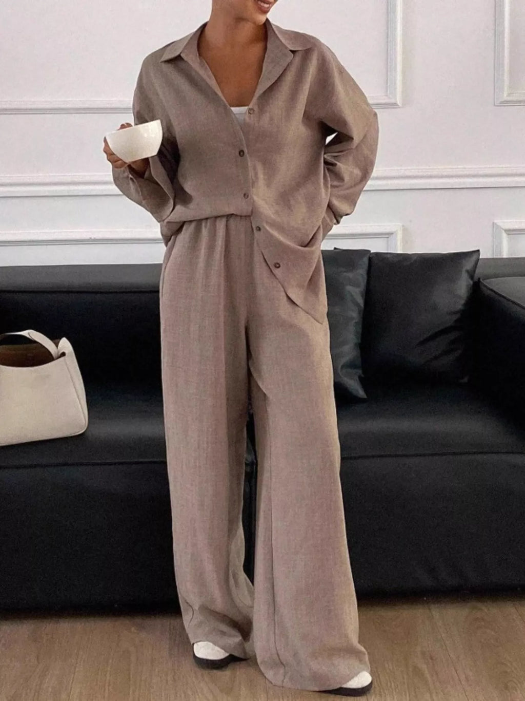 Button Up Long Sleeve Shirt Wide Leg Pants Set (15)