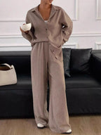 Button Up Long Sleeve Shirt Wide Leg Pants Set (15)