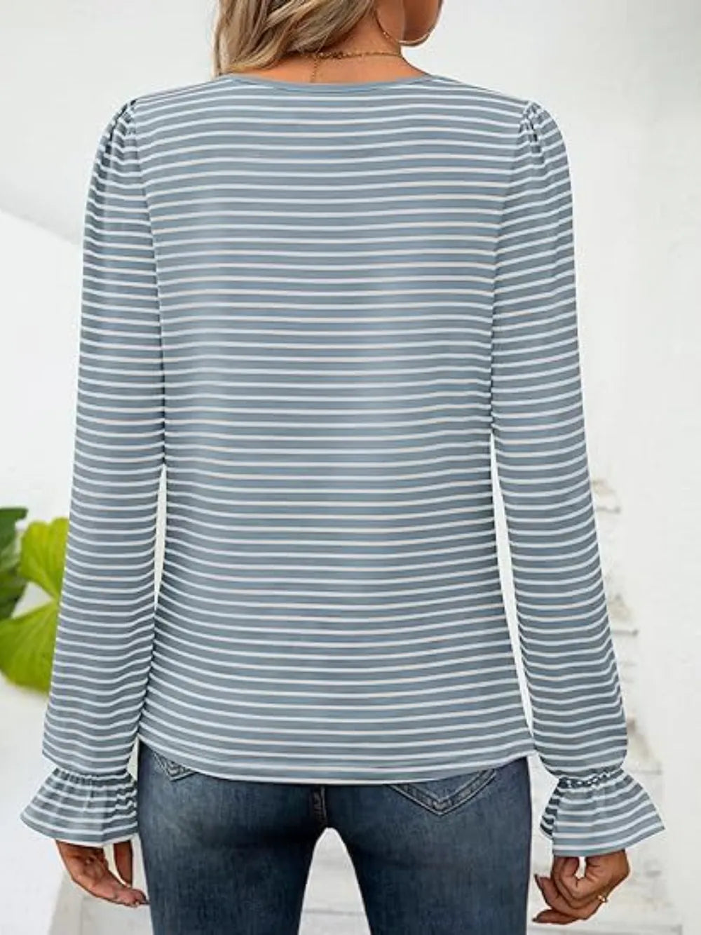 Striped Square Neck Flounce Sleeve Top (23)
