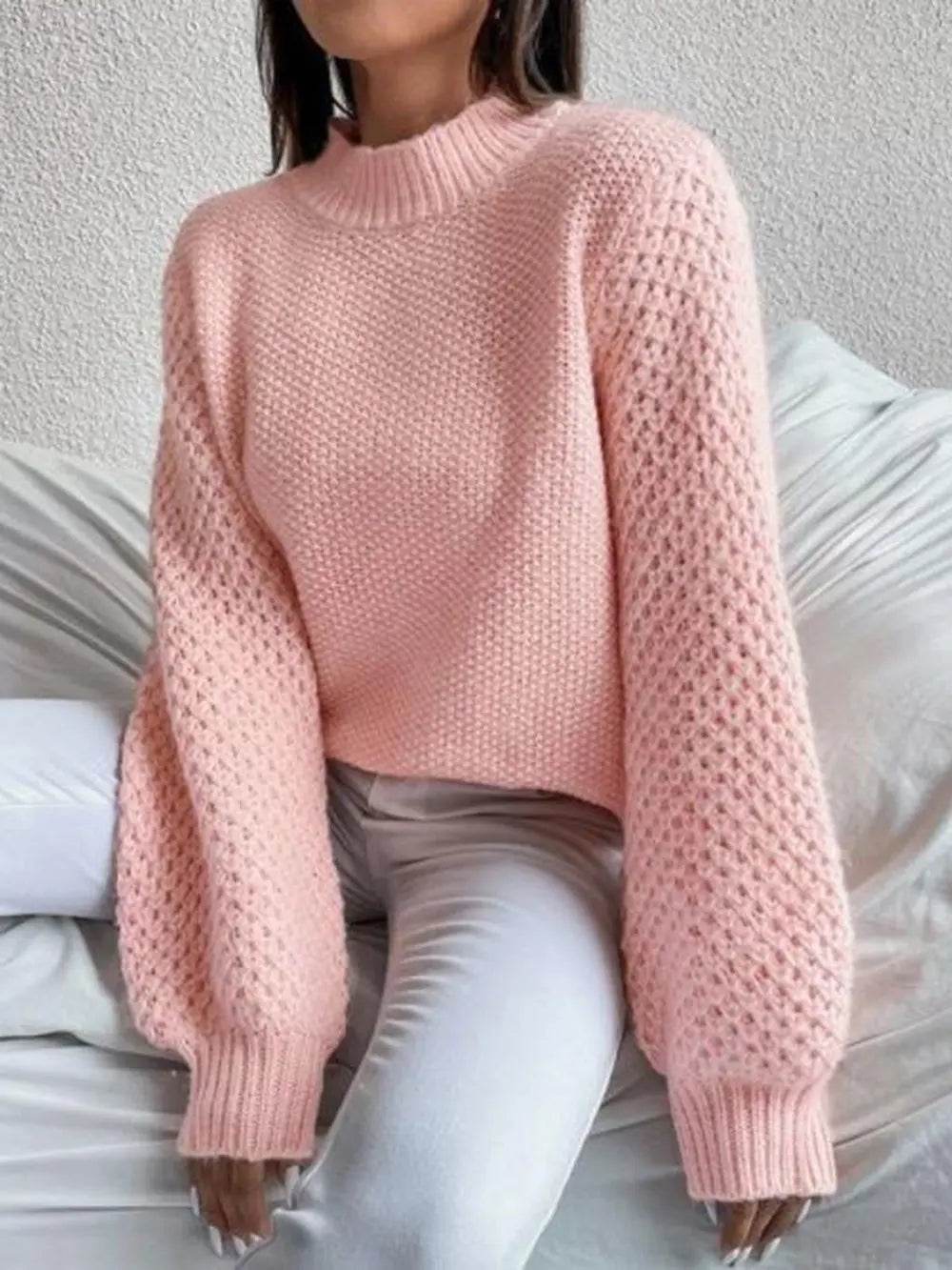 Openwork Mock Neck Long Sleeve Sweater (2)