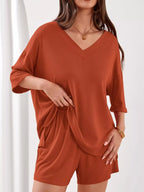 Casual Solid Color V-neck Top Shorts Set (9)
