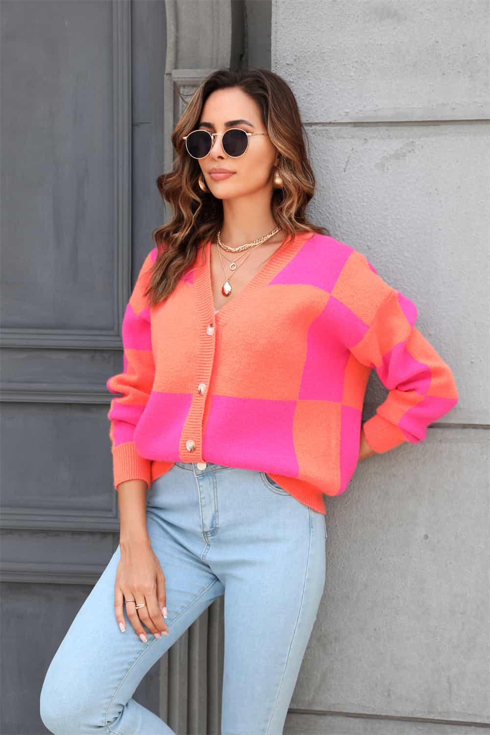 Plaid V-neck Dropped Shoulder Cardigan (3)