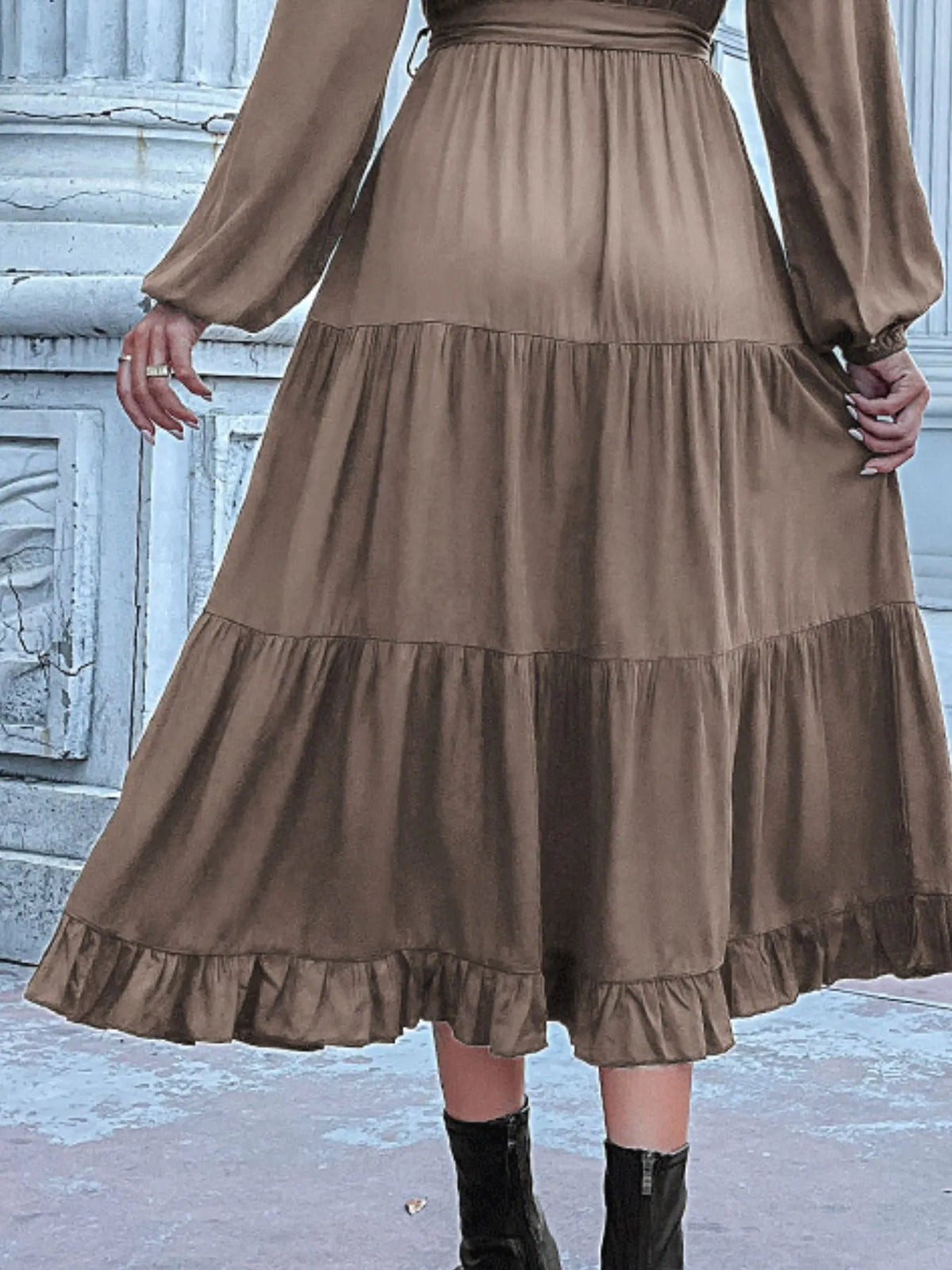 Ruffled Hem V-neck Balloon Sleeve Dress (31)