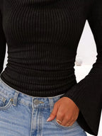 Ribbed Knit Cowl Neck Flared Sleeves Top (3)