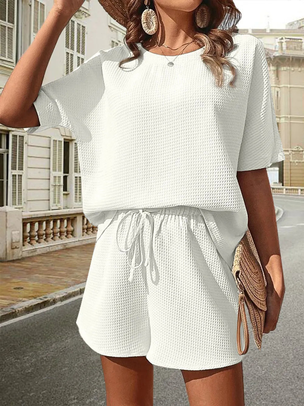 Waffle-knit Half Sleeve Top Shorts Set (9)