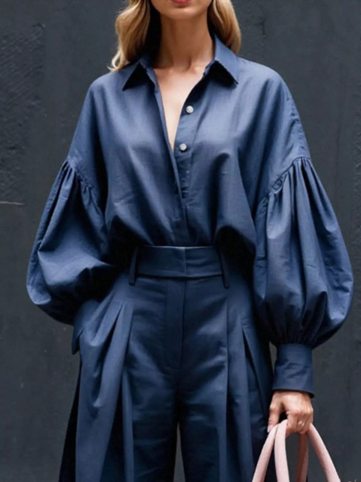 Lantern Sleeve Shirt Wide Leg Pants Set (8)