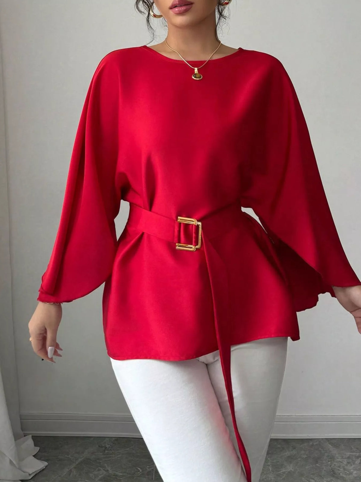 Batwing Sleeve Belted Blouse (12)