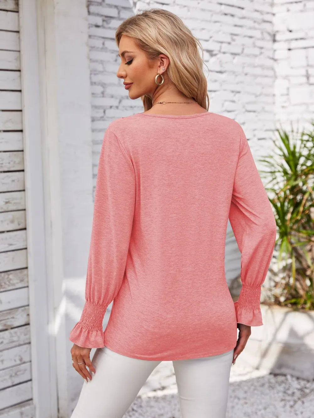 Smocked V-neck Long Sleeve Blouse (9)