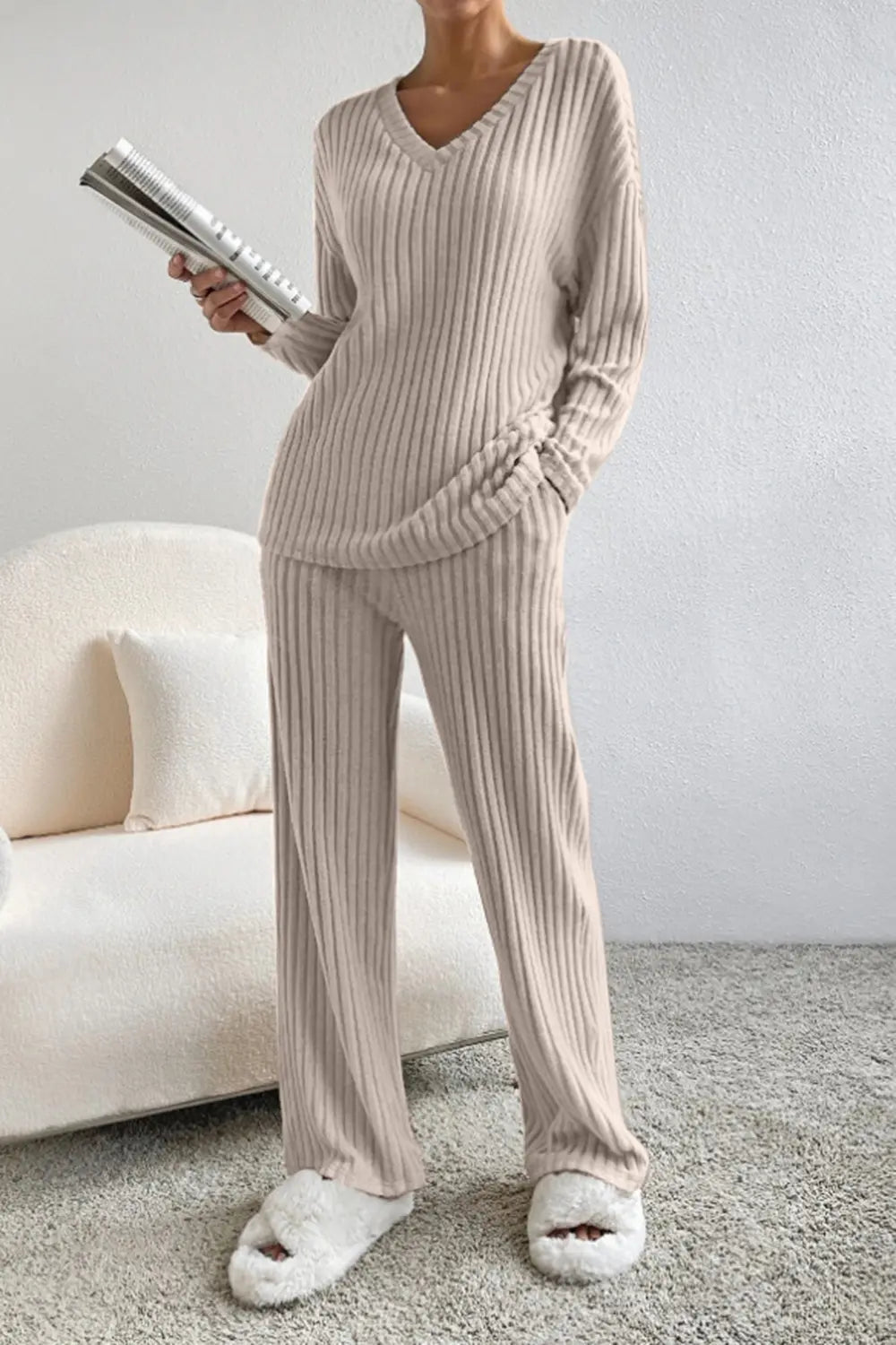 Ribbed V-neck Top Pants Set (18)