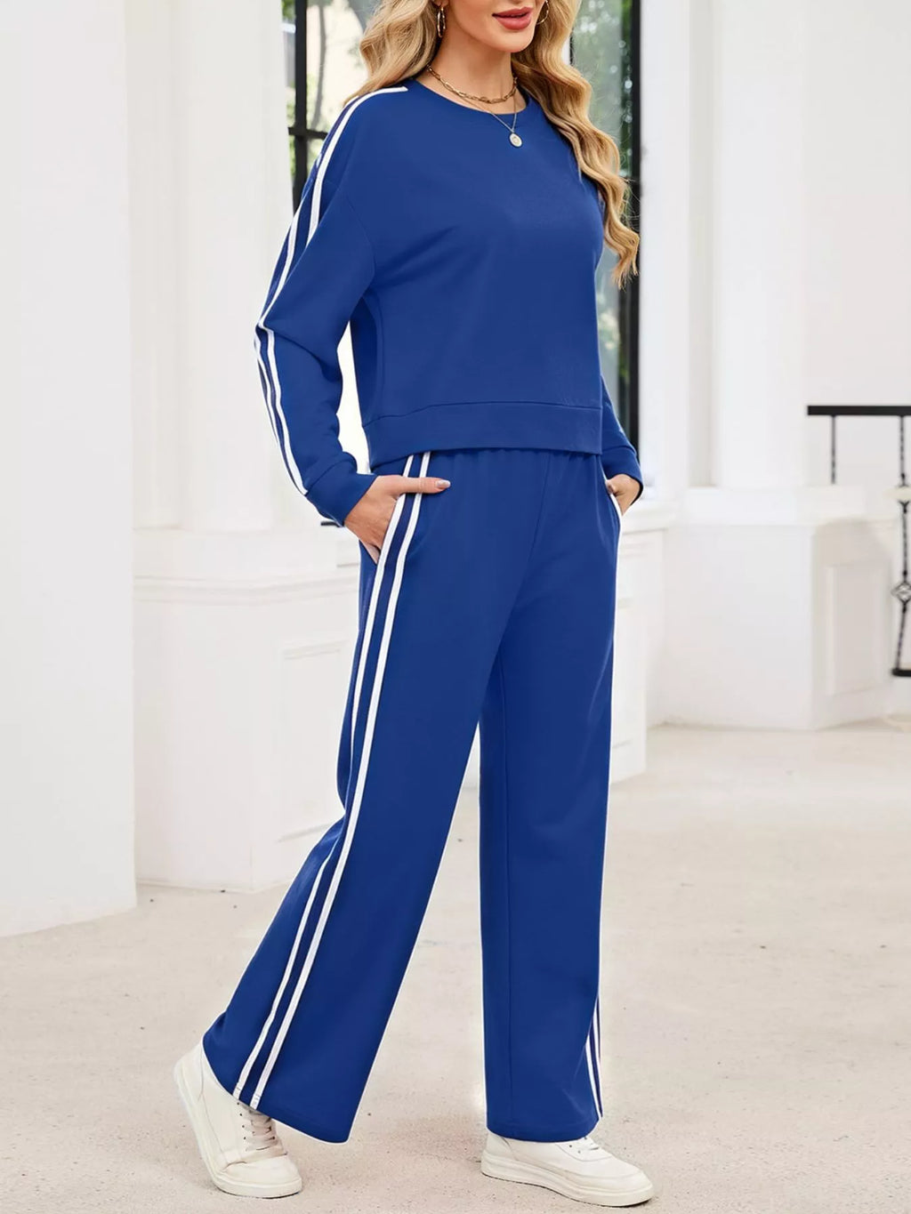 Striped Round Neck Sweatshirt Pants Set (18)