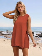 Slit Round Neck Top Shorts Set (18)