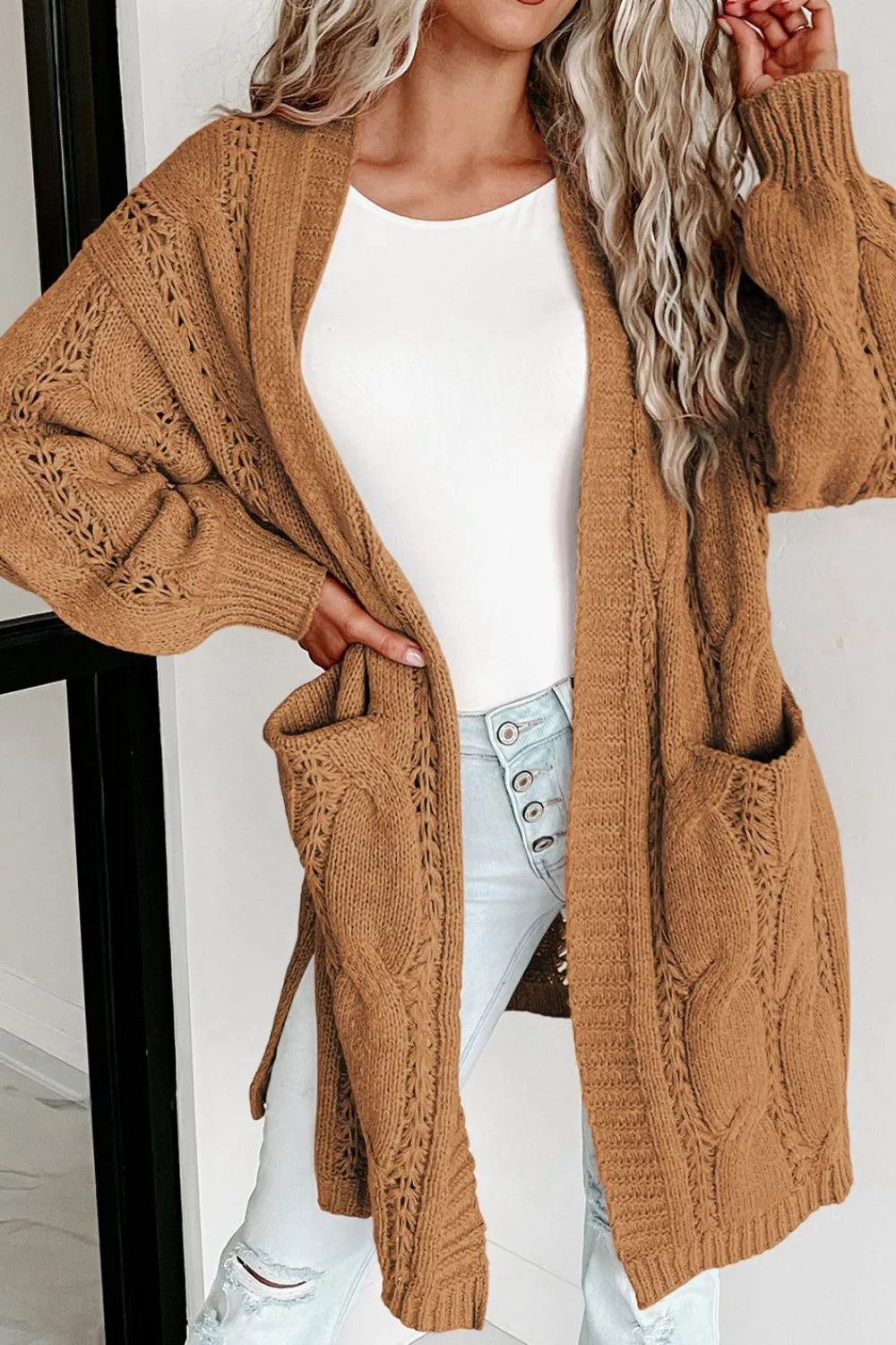 Cable-knit Dropped Shoulder Slit Cardigan (7)