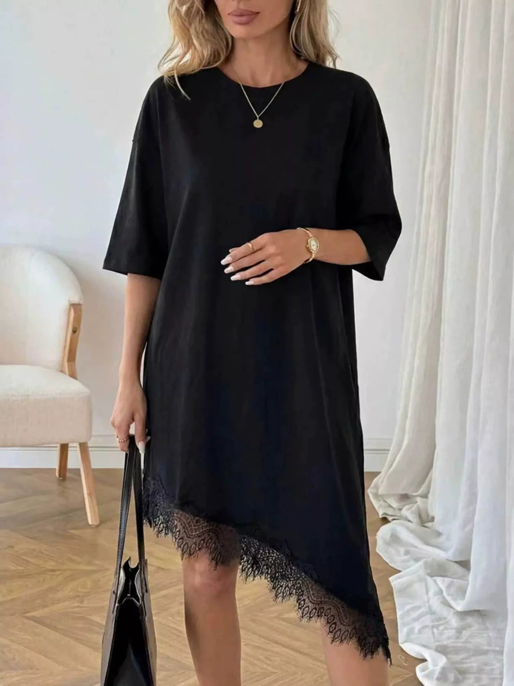 Lace Trim Asymmetrical Hem T-shirt Dress (6)