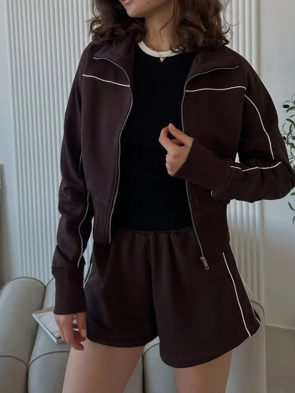 Zip Up Long Sleeve Top Shorts Set (15)