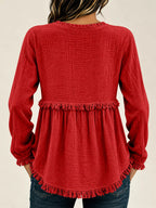 Full Size Frayed Hem Button Detail Blouse Plus (33)