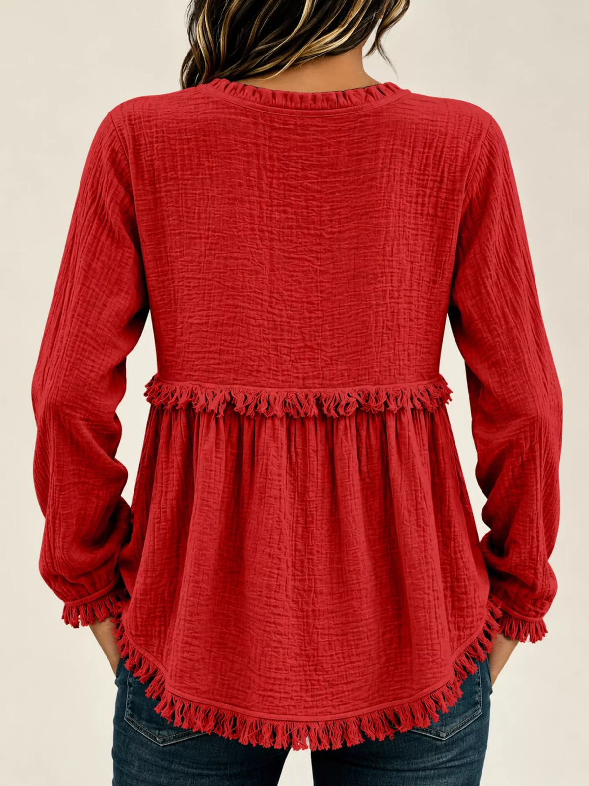 Full Size Frayed Hem Button Detail Blouse Plus (33)