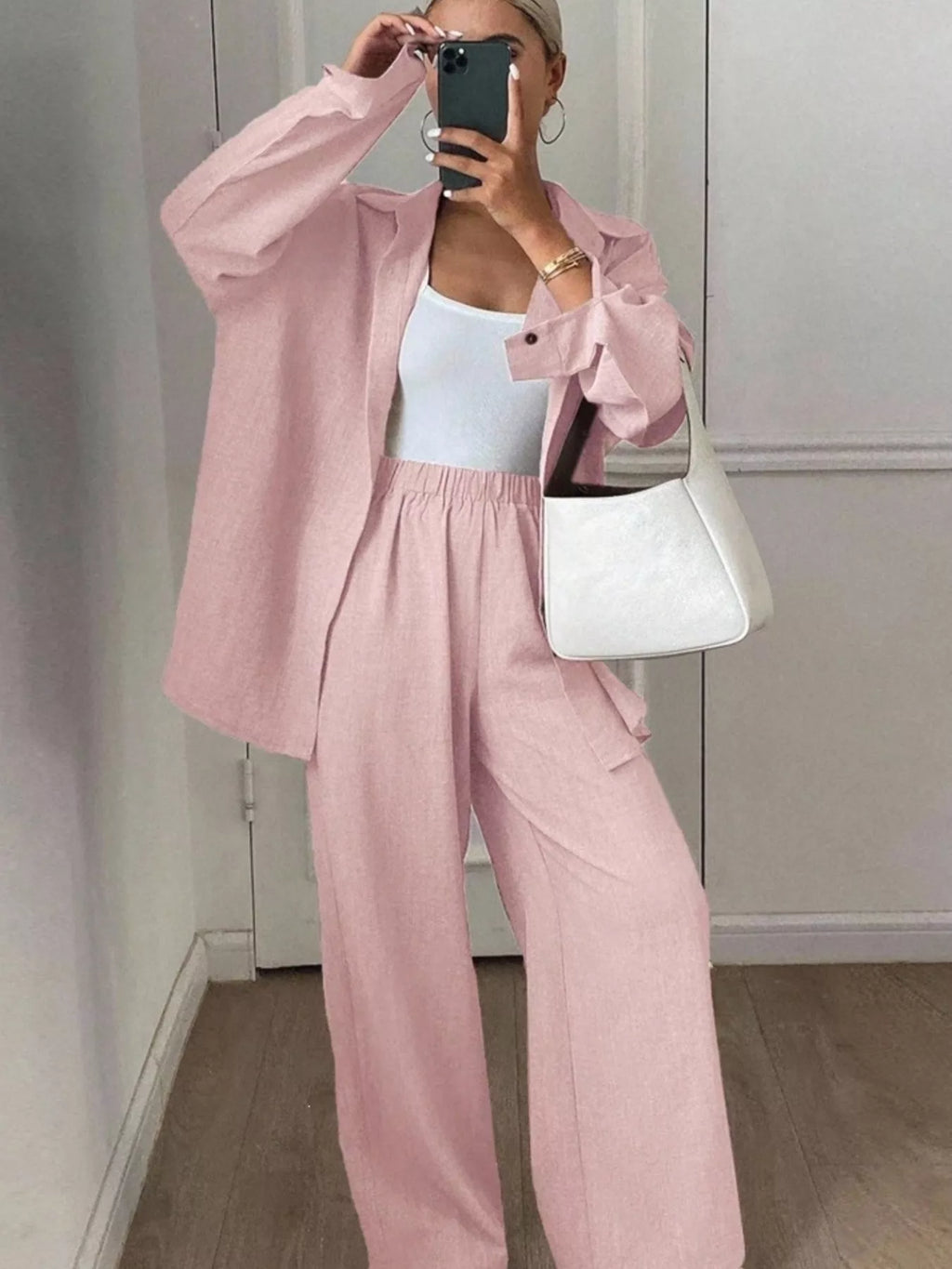 Button-down Shirt Wide-leg Pants Set (31)