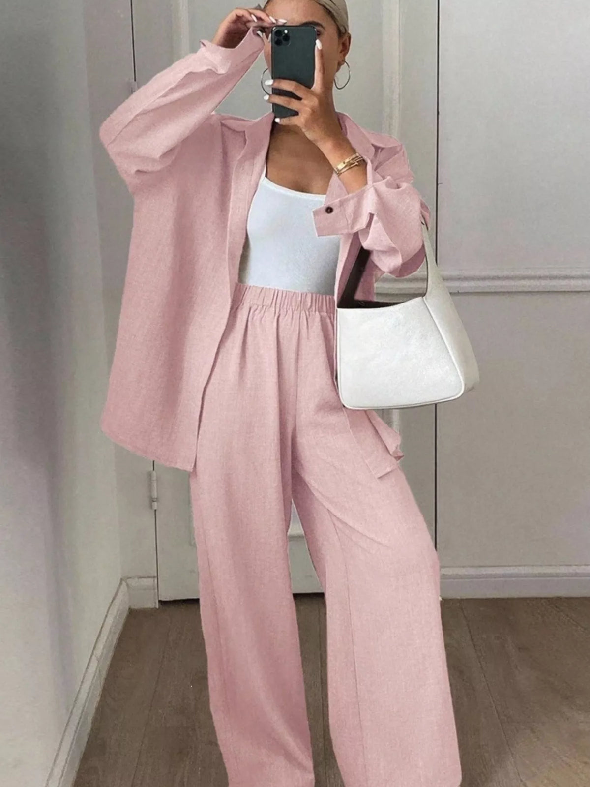 Button-down Shirt Wide-leg Pants Set (31)