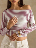 Off-shoulder Striped Ribbed Long Sleeve T-shirt (3)