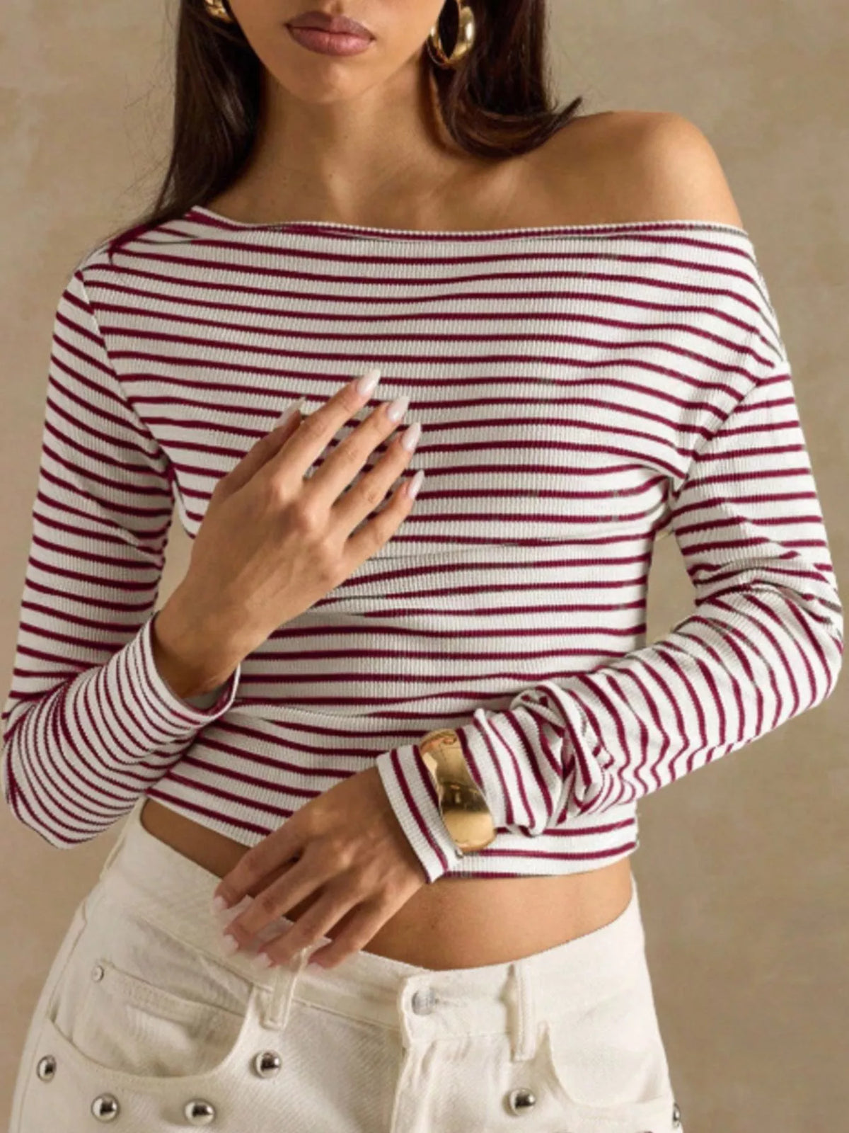 Off-shoulder Striped Ribbed Long Sleeve T-shirt (3)