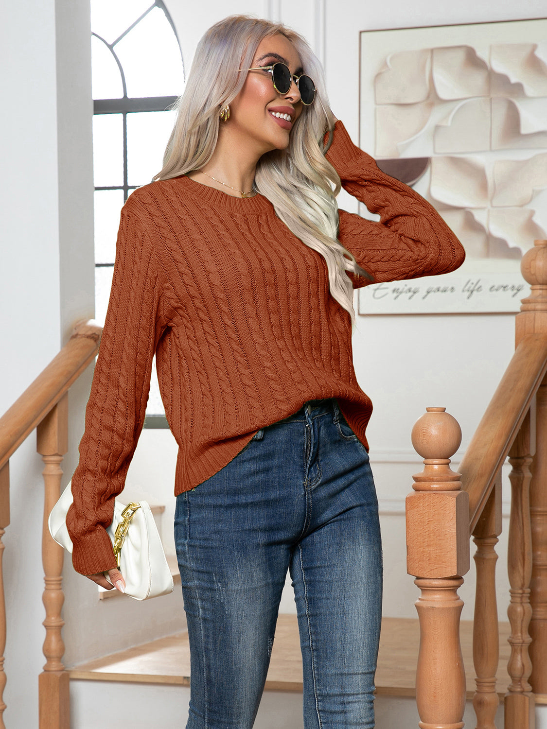 Cable-knit Round Neck Long Sleeve Sweater (3)