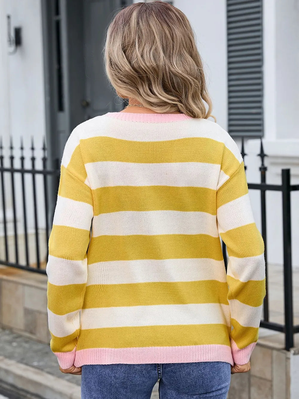 Striped Round Neck Dropped Shoulder Sweater (8)