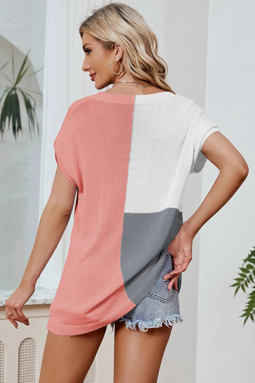 Block V-neck Short Sleeve Knit Top (21)