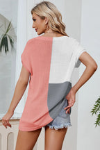 Block V-neck Short Sleeve Knit Top (21)