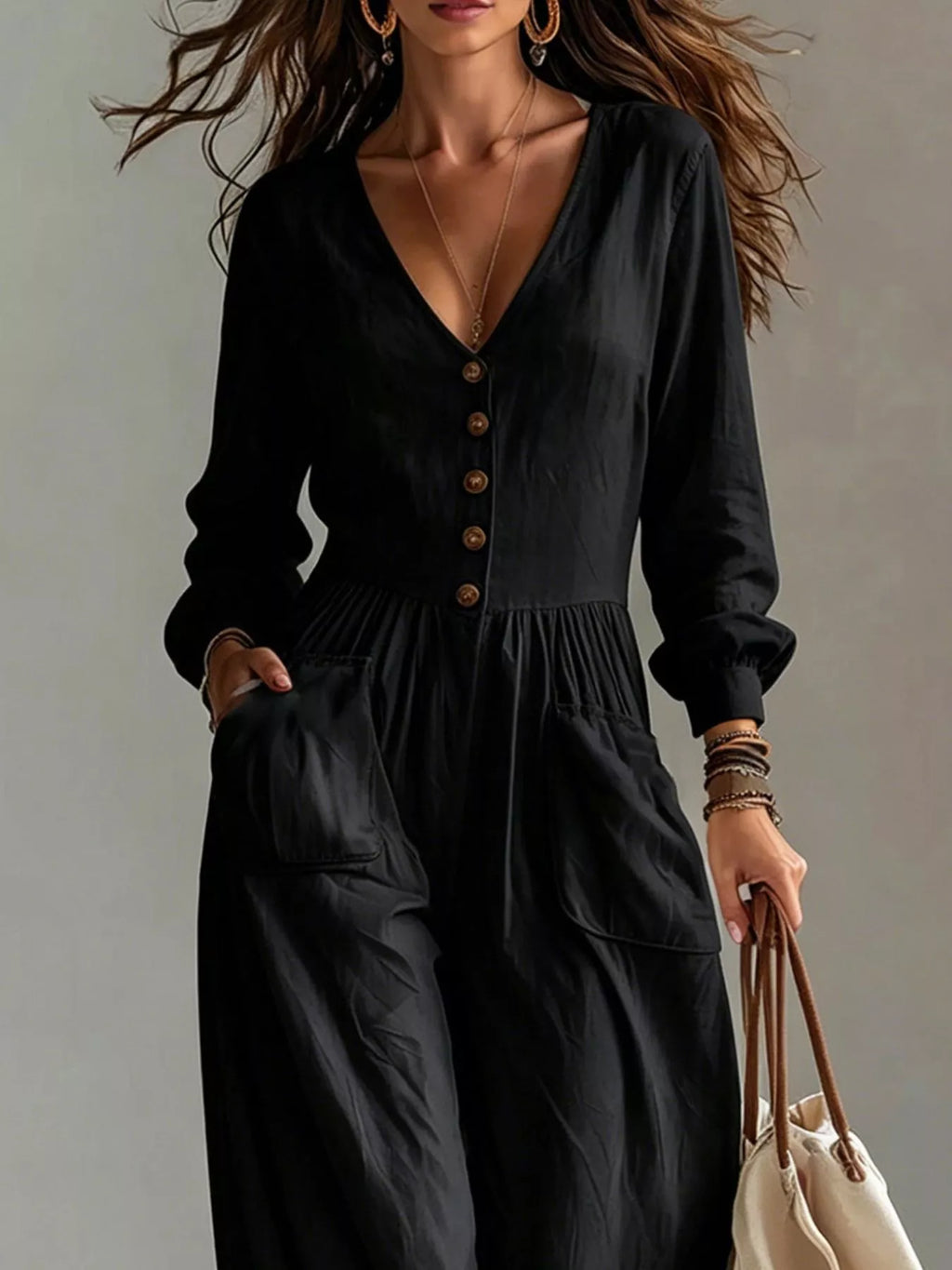 V-neck Long Sleeve Button-down Wide Leg Jumpsuit (10)