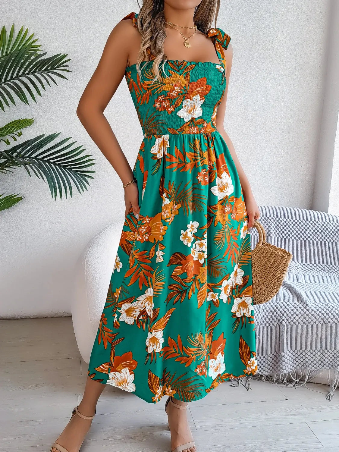 Smocked Floral Tie Shoulder Midi Dress (13)