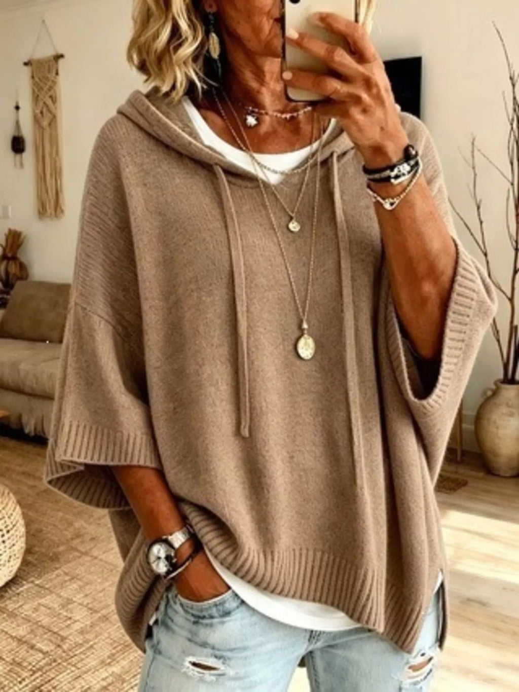 Full Size Casual Hooded Batwing Sleeve Knit Sweater Plus (6)