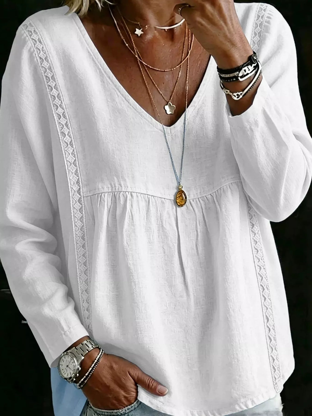 Full Size V-neck Lace Trimmed Long Sleeve Blouse Plus