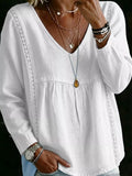Full Size V-neck Lace Trimmed Long Sleeve Blouse Plus