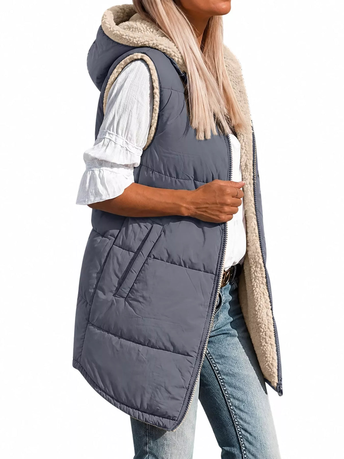 Full Size Hooded Sherpa-lined Puffer Vest Coat Plus