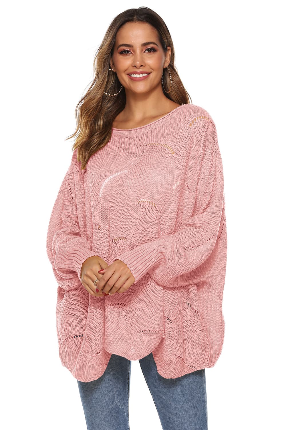Round Neck Long Sleeve Openwork Sweater (12)
