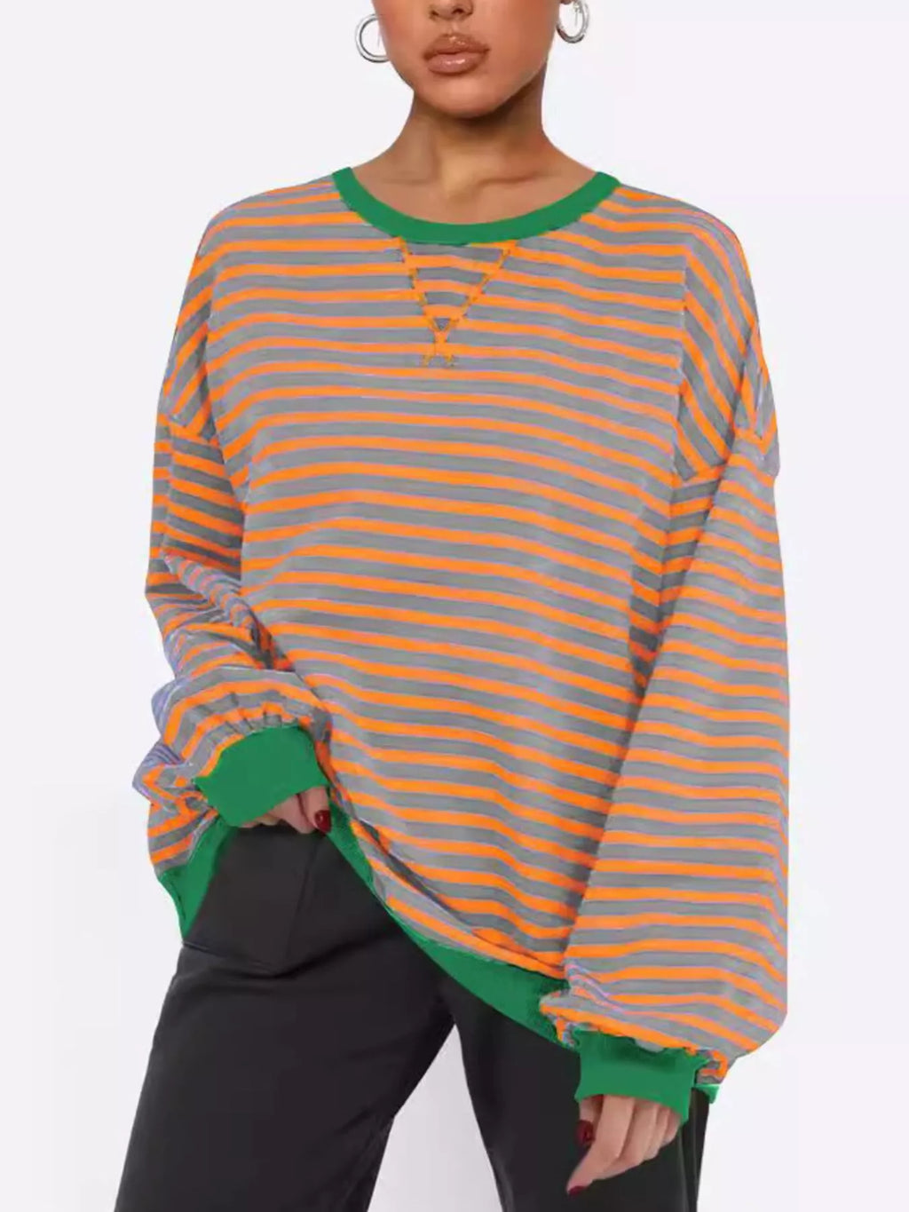Striped Round Neck Long Sleeve Sweatshirt (6)