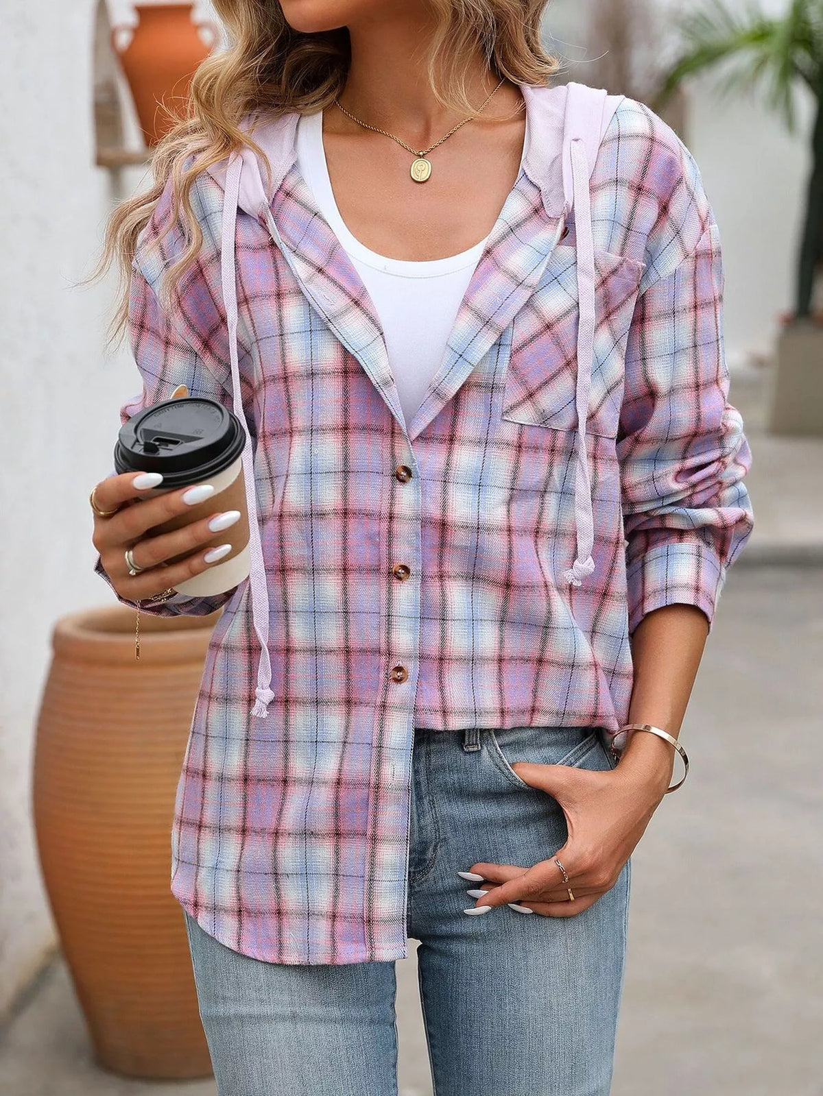 Hooded Plaid Button-up Shirt (20)
