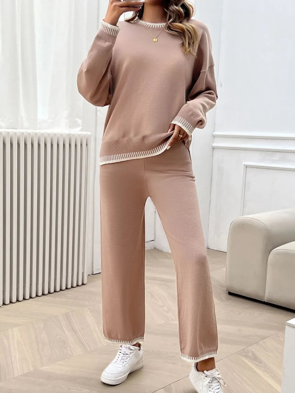 Round Neck Dropped Shoulder Top Pants Sweater Set (3)