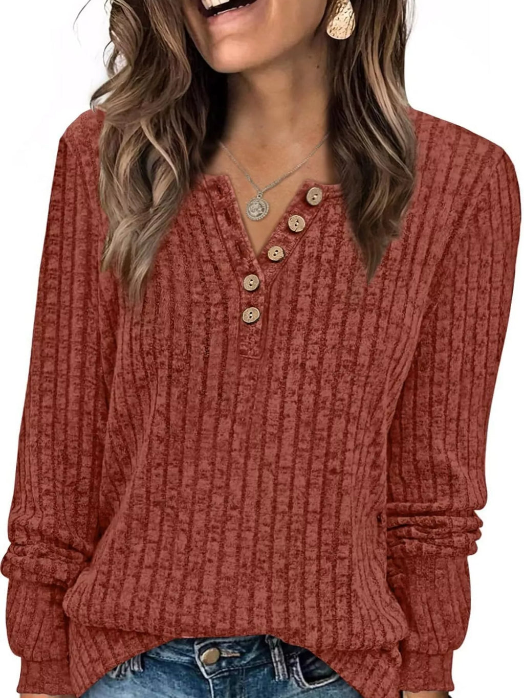 Ribbed Knit Button-front Long Sleeve T-shirt (10)