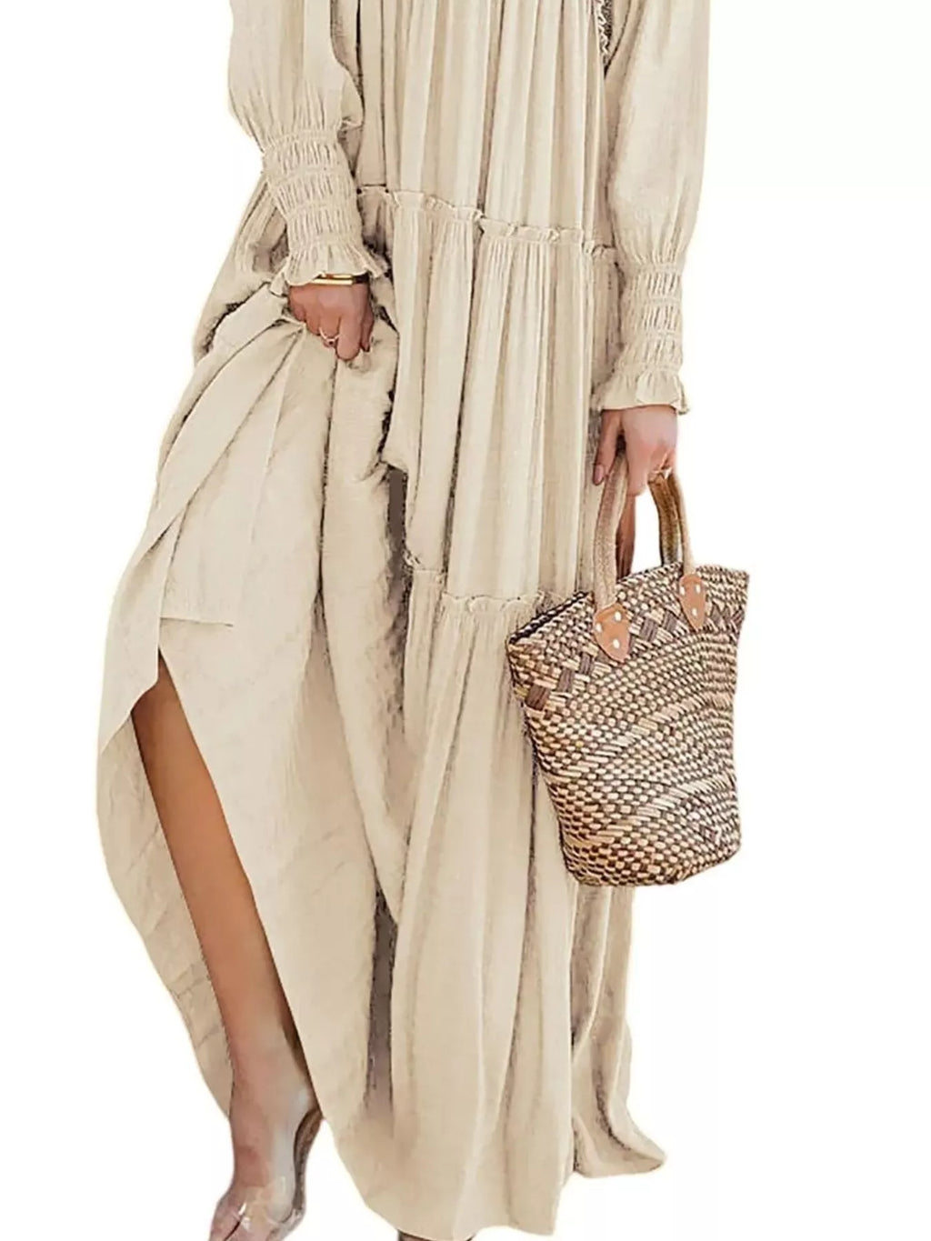 V-neck Long Sleeve Tiered Maxi Dress (6)