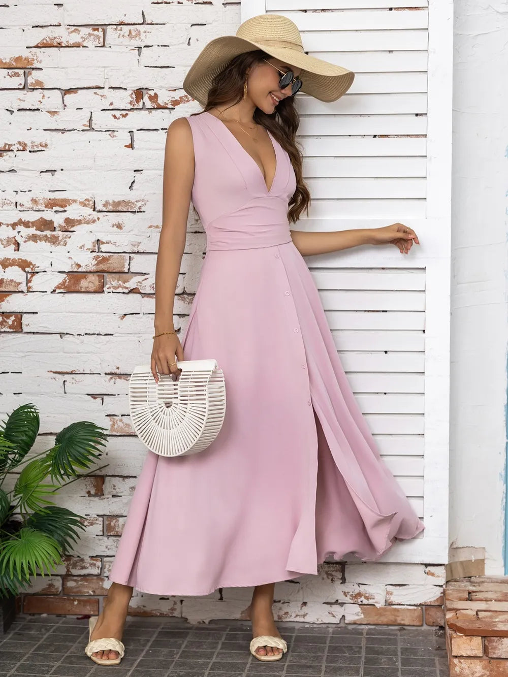 Full Size Slit V-neck Sleeveless Midi Dress (9)