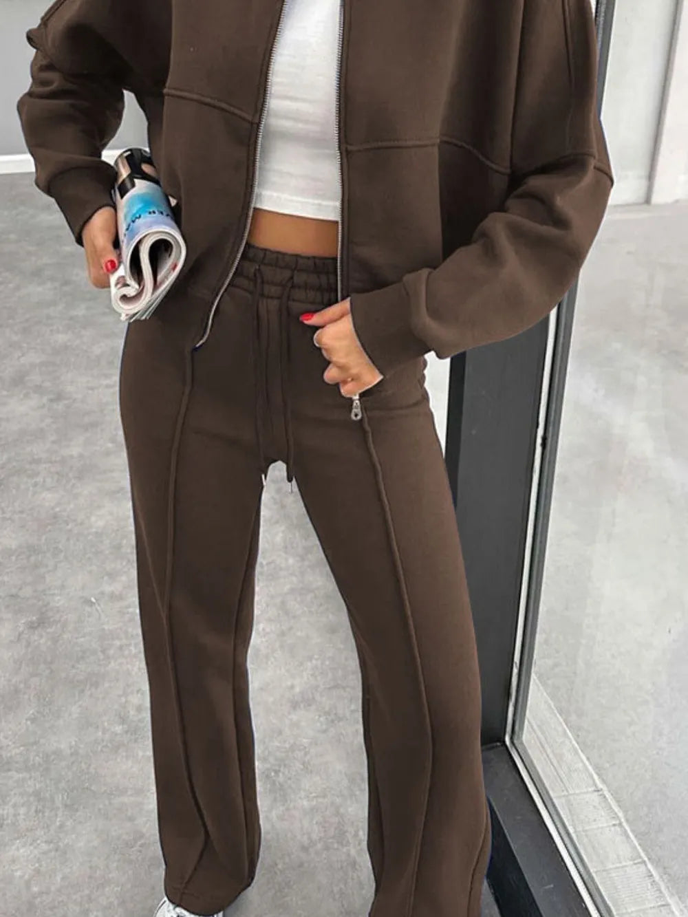 Baseball Collar Zip Up Outerwear Drawstring Pants Set (11)