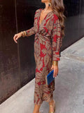 Full Size Printed V-neck Long Sleeve Twisted Midi Dress Plus