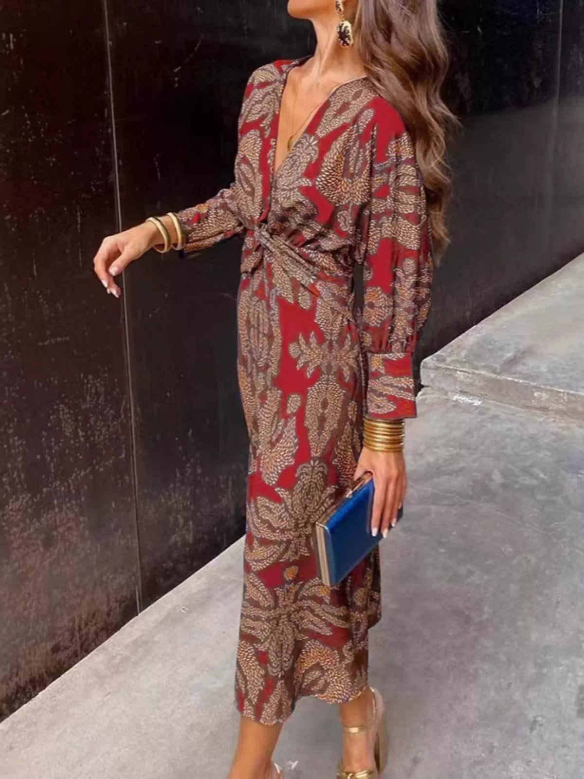 Full Size Printed V-neck Long Sleeve Twisted Midi Dress Plus